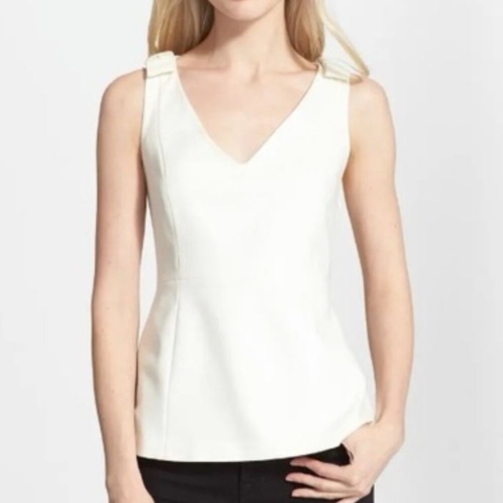 Kate Spade | Ponte Sleeveless Peplum Top Bow Epaulets “Dive Right In” | Size 2